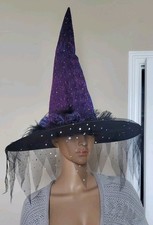 Premium Collectors Halloween Witch Hat Lace Feathers Iridescent 21x17 Costume  picture