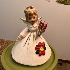 Vintage Josef Originals Christmas Angel Holding Candle, Poinsettia Dress, *READ picture