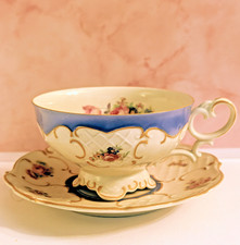 Antique MZ Austria Footed Cup Saucer Set Moritz Zdekauer Blue Pink 1884-1909 picture