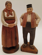 2 Vintage Huggler Wyss Swiss Carved Wooden Figurines Woman & man picture