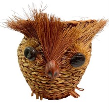 Vintage OWL Basket Wicker Rattan Planter 6