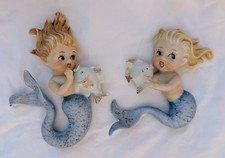2 Vintage Mid Century Norcrest Mermaids ceramic wall plaques coastal bath kitsch picture