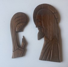 Vtg Mid Century Modern Carved Wood 17” Jesus & 13” Mary Profile Wall Plaque Set picture