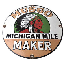Vintage Musgo Gasoline Sign - Michigan Gas American Indian Chief Porcelain Sign picture
