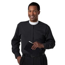 Polyester Long Sleeve Banded Collar Shirt Black 17.5 Inch Neck Clergy Apparel picture