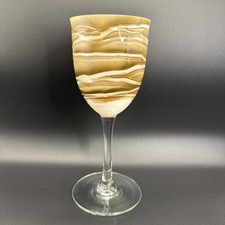 RARE STEVEN MASLACH EARTH ART BROWN/TAN GLASS WINE GOBLET SIGNED & DATED 7 3/4” picture