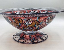 Large Art Deco Bohemian Czech HAIDA? Heavily Enameled Glass Centerpiece Bowl 13” picture