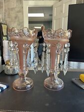Beautiful Pair of Pink antique mantle lusters of  hand painted glass w prisms picture