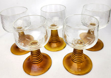 Lot of 5 MCM Vtg Luminarc Amber Ribbed Beehive Stem Roemer Wine Glasses France picture