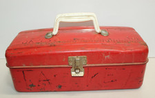 Vintage 1950s  Red Metal Tool / Fishing Box with tray Retro 14 x 6.5 x 5 in picture