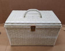 Vintage Wilson Wil-Hold White Plastic Wicker Basket Weave Sewing Box w/Trays USA picture