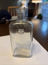 Antique The Owl Drug Co Embossed Glass Medicine Bottle Owl Mortar Pestle 6” picture