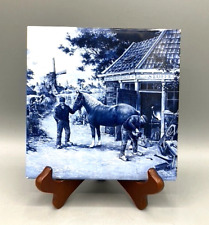 Vintage MOSA Holland Blue & White Ceramic Tile Horse Shoeing Scene picture