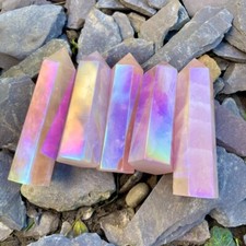 2PCS Rainbow Quartz Tower Angel Aura Rose Quartz Crystal Point Wand Obelisk Gift picture