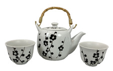 White Ceramic Teapot w Black Flowers & Two Cups Wicker Handle  EUC picture