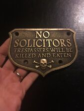 No Solicitors Sign Brass Plaque Skull Crossbones Skeleton Collector METAL Patina picture