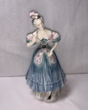 Vintage Goldscheider USA Figurine Tall Victorian Lady Blue Dress Hat Fan 1940 picture
