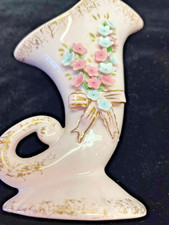 VTG Ceramic Pink Gold Gilt Cornucopia Grandma Vase Applied Flowers Bow 5