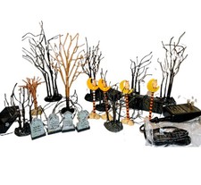 17 Vtg Lemax Spooky Town Village 4 Lighted Owl Lamp Posts 4 Tombstones & 9 Trees picture