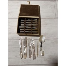 Vintage Mother of Pearl Flatware Set 10 Butter Knives Fork MOP Shell In Box picture