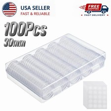 100PCS 30MM Clear Round Coin Capsules Plastic Coin Holders&White Gaskets&Box picture