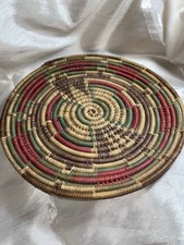 🧺 Vintage  12” Coiled Raffia Basket Tray - Polychrome Boho Woven Wall Plaque picture