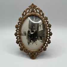 Vintage Ornate Brass Oval Frame Convex Bubble Glass Standing 4x6 Photo 6.75x4.75 picture