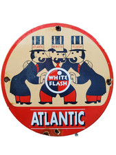 VINTAGE ATLANTIC OIL PORCELAIN SIGN OLD WHITE FLASH GAS PUMP PLATE FUEL 12