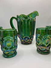 Rare Full Size Weishar Moon and Star Emerald Green Carnival Glass Water Set NIB picture