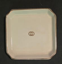 Gucci Vintage Ivory Gold Trim Square Signature GG Porcelain Ashtray Trinket Tray picture