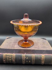 Vintage Indiana Glass Amber Beaded Edge Pedestal Compote Candy Dish w/Lid picture