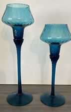 2 Gorgeous Blue Art Glass Candlesticks Amazing Details Empoli??? picture