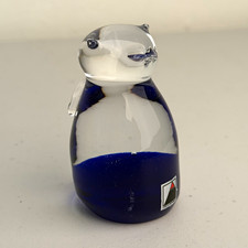Vintage Czech Republic Art Glass Cat Figurine Paperweight Cobalt Blue Clear 3” picture