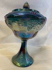 Vintage Indiana Carnival Glass Bowl Compote Lid – Iridescent Blue Harvest Grape picture