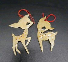 Set Of 2 Vtg Victorian Style Handpainted Deer Fawn Doe Capiz Shell Ornament OOAK picture