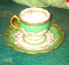 Antique Elite Limoges France Teacup & Saucer Set Raised Gold Paste & Seafoam Grn picture