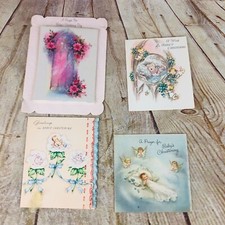 4 Vtg greeting cards baby Christening 50 60s nice graphics  picture