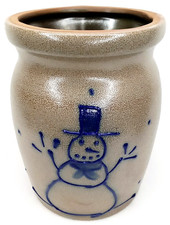 VTG Beaumont Brothers Pottery Salt Glazed Snowman Christmas Utility Crock Signed picture