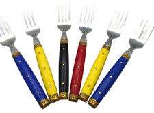 6 VTG Takahashi Japan BAKELITE Salad Fork Brass Handle RED BLACK 2 BLUE 2 YELLOW picture