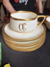Vtg Bavaria Porcelain Sevres Tea Cups Saucers Gold Gilt Monogram  T c 1900 picture