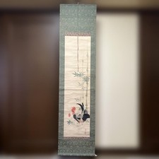 Antique Japanese Hanging Scroll Bamboo and Rooster Art, Vintage Decor picture