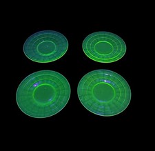 Set of 4 Vintage Uranium Green Depression Glass 6” Circle Plates picture