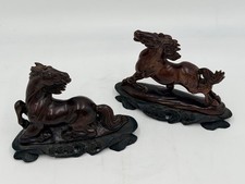 VTG Chinese Hand-Painted Metal Horse Sculptures - Mounted Hand-Carved Wood Bases picture