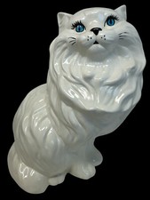 Vintage MCM Life Sized White Persian Cat Hand Painted Ceramic Cat Blue Eyes picture