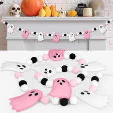 8.2 Ft Halloween Ghost Felt Banner Cute 3D Ghost Ball Garland Pre-Strung Pink Wh picture