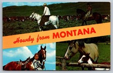 1978 Howdy from Montana Postcard Cowboy Horse Cattle Ranch Forsyth MT Posted picture