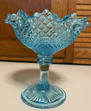 Westmoreland Aqua Blue Diamond Point English Hobnail Ruffled Candy Dish Compote picture