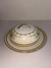 Noritake Covered Round Porcelain Butter Dish w/ Lid White Gold Trim 2-Stick picture
