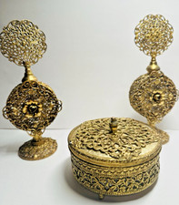 Brass Filigree Floral Ormolu Perfume Bottles Antique Victorian Ornate 3 Pieces picture