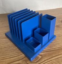 Vintage Bright Blue Plastic Desk Organizer Pen Caddy Office Mail Organize picture